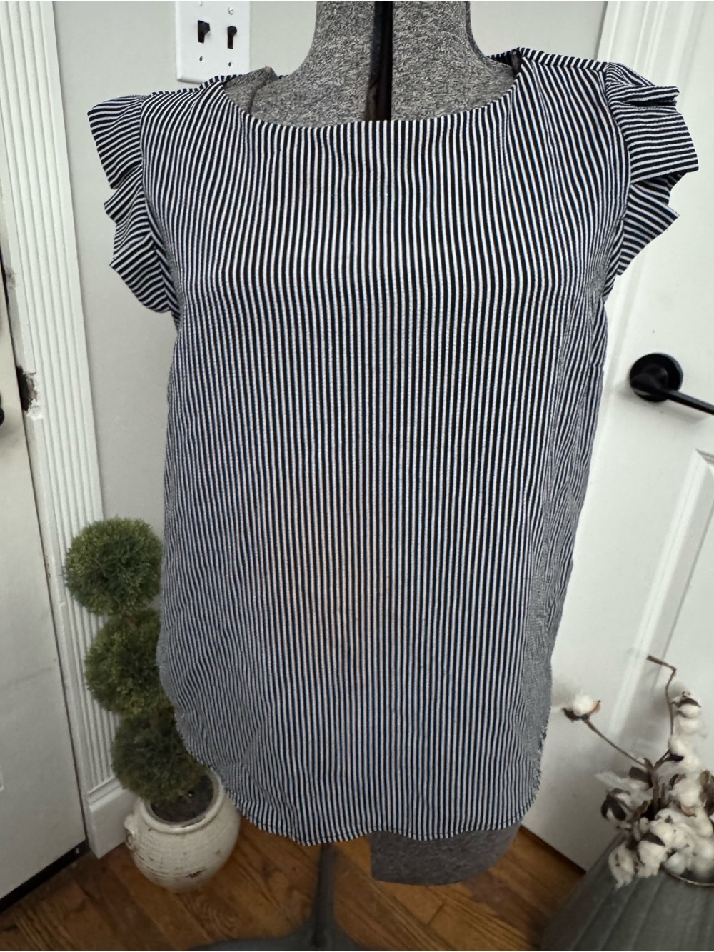 Women’s Monteau Striped Navy and White Ruffle Sleeve Striped  Women’s Top Large